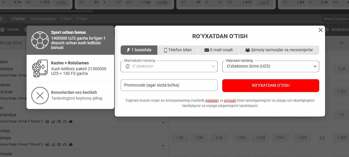 Roslbet UZ platforma interfeysining skrinshoti